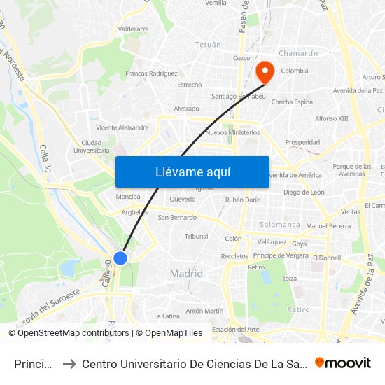 Príncipe Pío to Centro Universitario De Ciencias De La Salud San Rafael Nebrija map