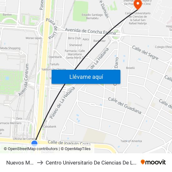 Nuevos Ministerios to Centro Universitario De Ciencias De La Salud San Rafael Nebrija map