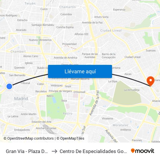 Gran Vía - Plaza De España to Centro De Especialidades González Bueno map