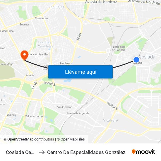 Coslada Central to Centro De Especialidades González Bueno map