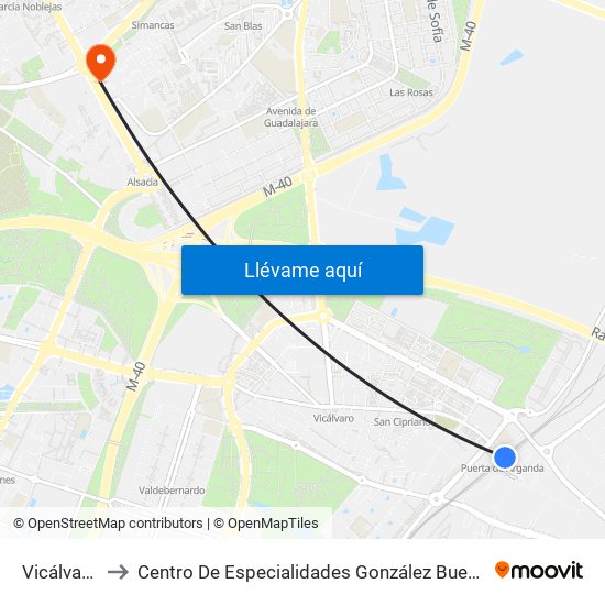 Vicálvaro to Centro De Especialidades González Bueno map