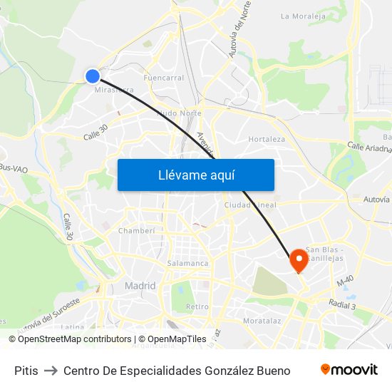Pitis to Centro De Especialidades González Bueno map
