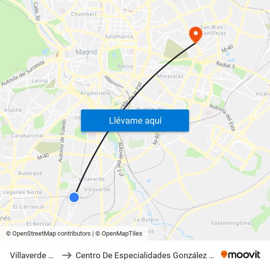 Villaverde Alto to Centro De Especialidades González Bueno map