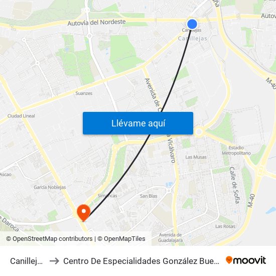 Canillejas to Centro De Especialidades González Bueno map