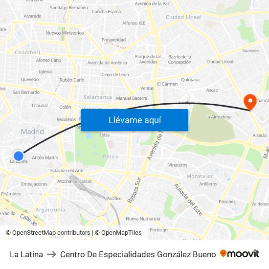 La Latina to Centro De Especialidades González Bueno map