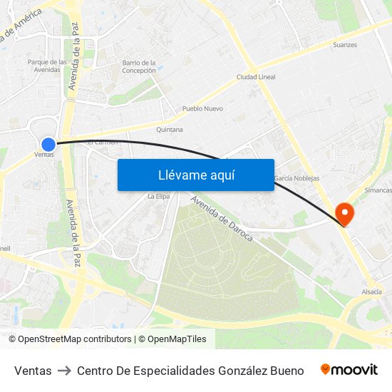 Ventas to Centro De Especialidades González Bueno map