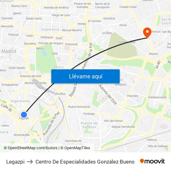 Legazpi to Centro De Especialidades González Bueno map