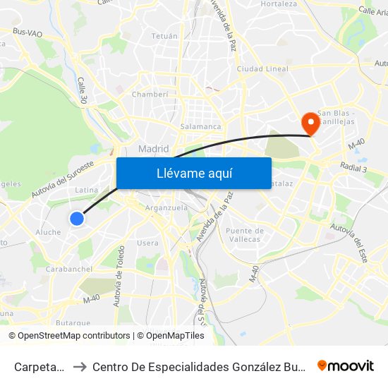 Carpetana to Centro De Especialidades González Bueno map