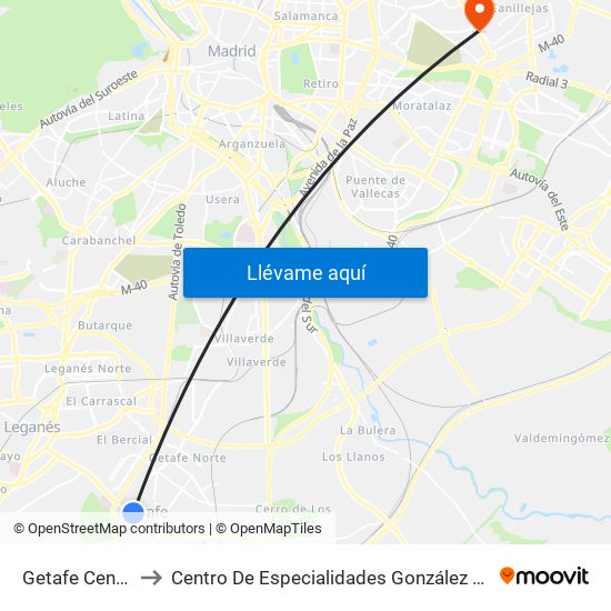 Getafe Central to Centro De Especialidades González Bueno map