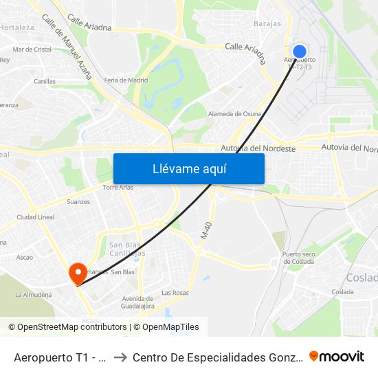 Aeropuerto T1 - T2 - T3 to Centro De Especialidades González Bueno map