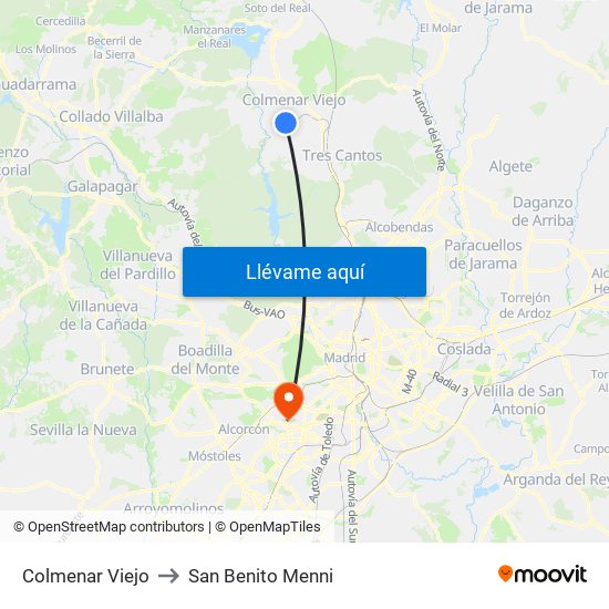 Colmenar Viejo to San Benito Menni map