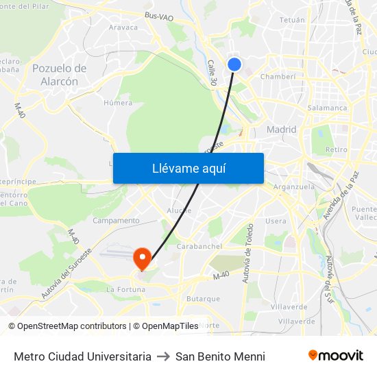 Metro Ciudad Universitaria to San Benito Menni map