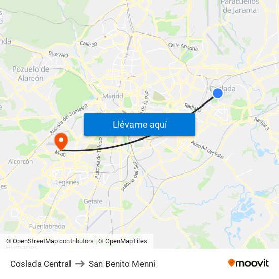 Coslada Central to San Benito Menni map