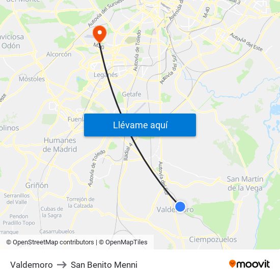 Valdemoro to San Benito Menni map
