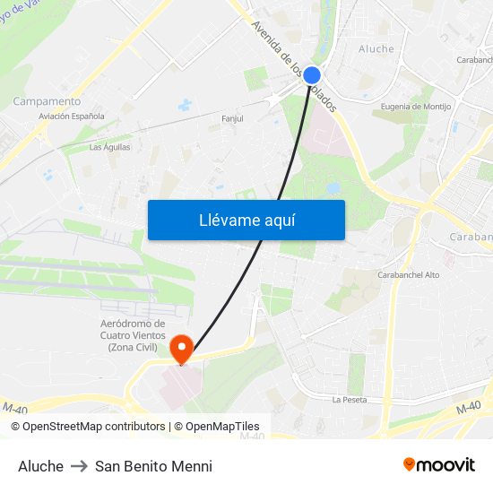 Aluche to San Benito Menni map