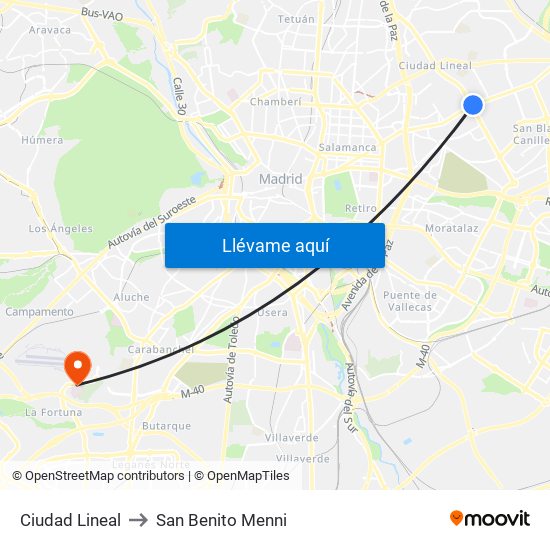 Ciudad Lineal to San Benito Menni map