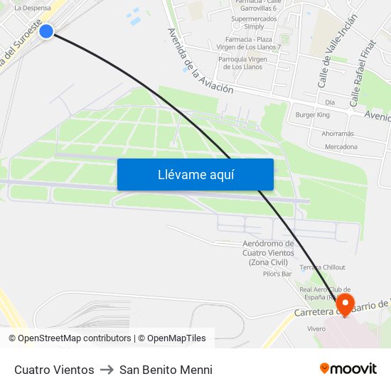 Cuatro Vientos to San Benito Menni map