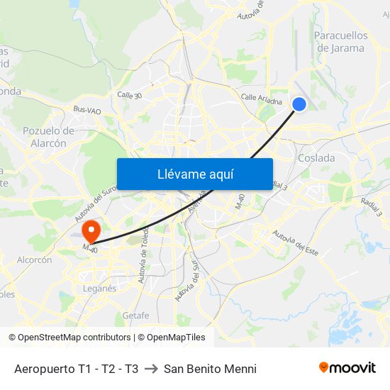 Aeropuerto T1 - T2 - T3 to San Benito Menni map