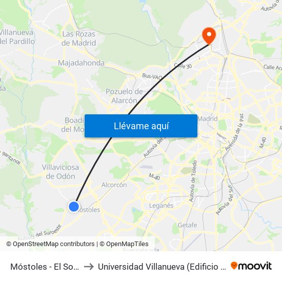 Móstoles - El Soto to Universidad Villanueva (Edificio A) map