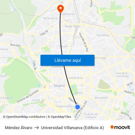 Méndez Álvaro to Universidad Villanueva (Edificio A) map