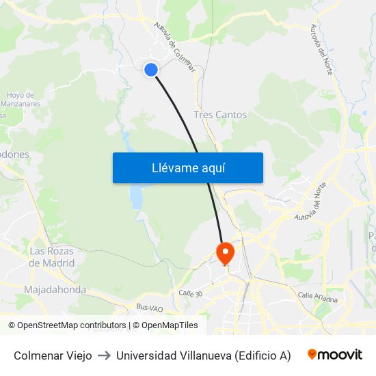 Colmenar Viejo to Universidad Villanueva (Edificio A) map