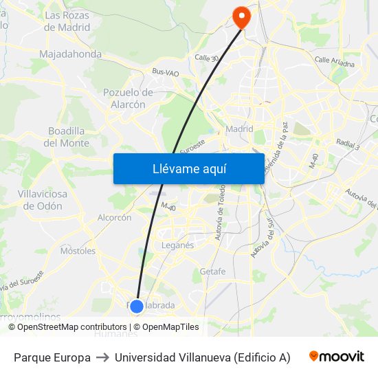 Parque Europa to Universidad Villanueva (Edificio A) map