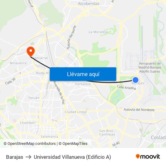 Barajas to Universidad Villanueva (Edificio A) map
