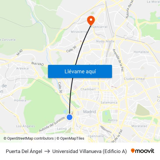 Puerta Del Ángel to Universidad Villanueva (Edificio A) map