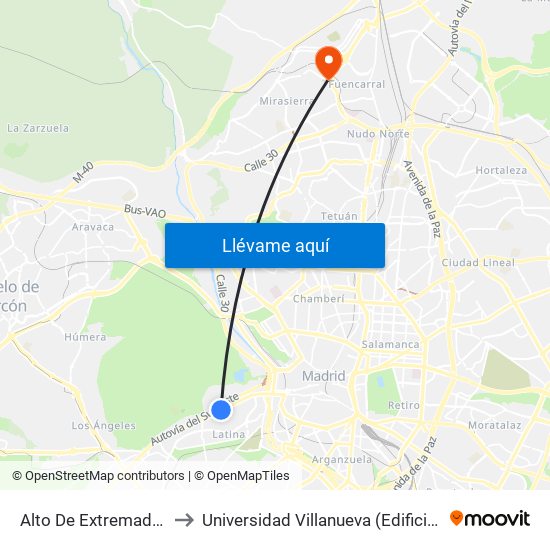 Alto De Extremadura to Universidad Villanueva (Edificio A) map