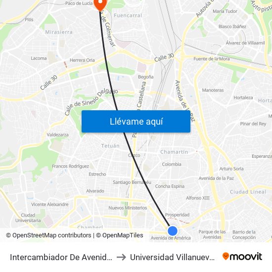 Intercambiador De Avenida De América to Universidad Villanueva (Edificio A) map