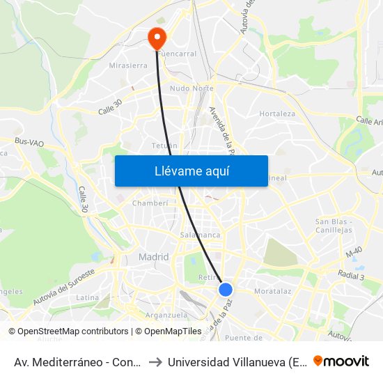 Av. Mediterráneo - Conde Casal to Universidad Villanueva (Edificio A) map