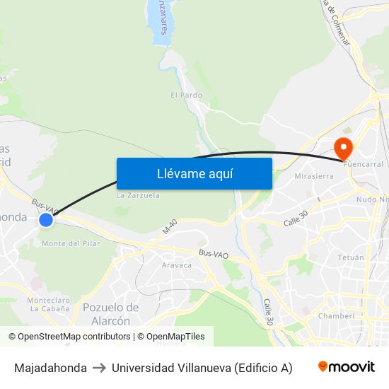 Majadahonda to Universidad Villanueva (Edificio A) map