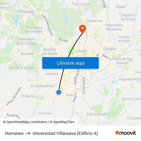 Humanes to Universidad Villanueva (Edificio A) map