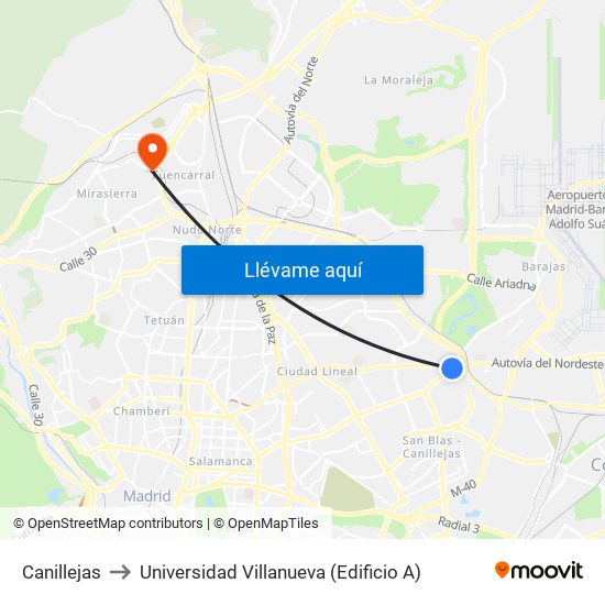 Canillejas to Universidad Villanueva (Edificio A) map