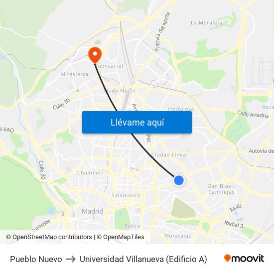 Pueblo Nuevo to Universidad Villanueva (Edificio A) map