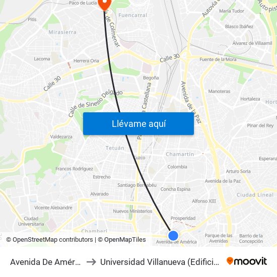 Avenida De América to Universidad Villanueva (Edificio A) map