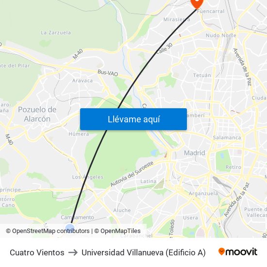 Cuatro Vientos to Universidad Villanueva (Edificio A) map