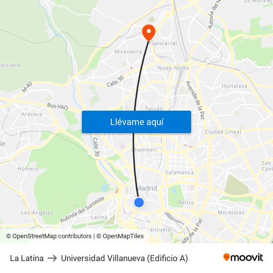 La Latina to Universidad Villanueva (Edificio A) map