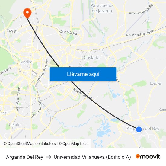 Arganda Del Rey to Universidad Villanueva (Edificio A) map