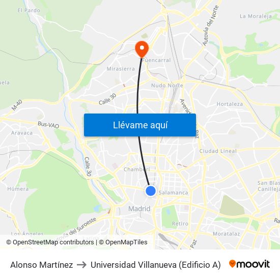 Alonso Martínez to Universidad Villanueva (Edificio A) map