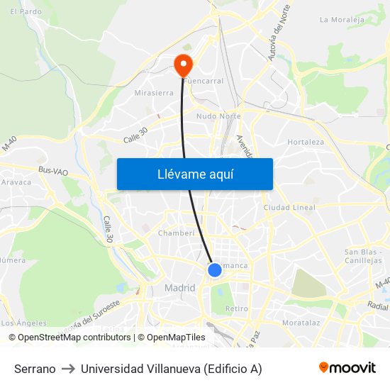 Serrano to Universidad Villanueva (Edificio A) map