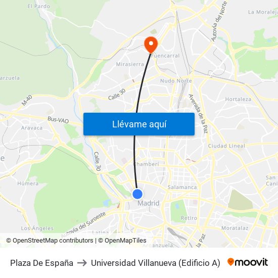 Plaza De España to Universidad Villanueva (Edificio A) map