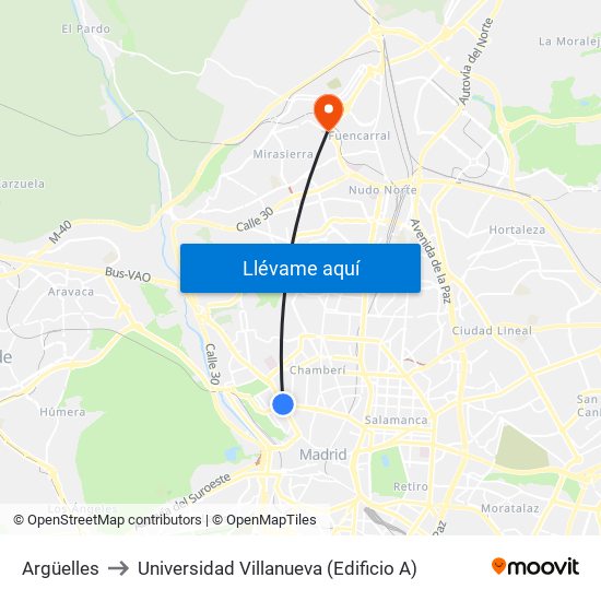 Argüelles to Universidad Villanueva (Edificio A) map