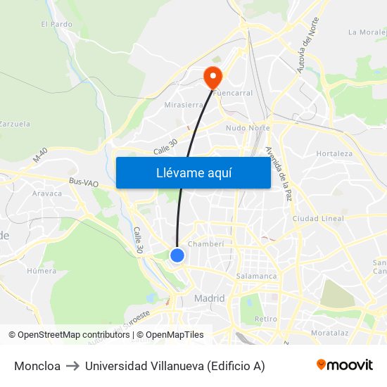 Moncloa to Universidad Villanueva (Edificio A) map