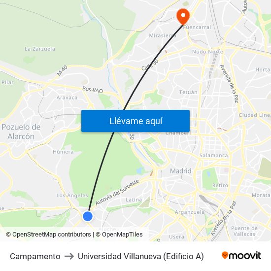 Campamento to Universidad Villanueva (Edificio A) map