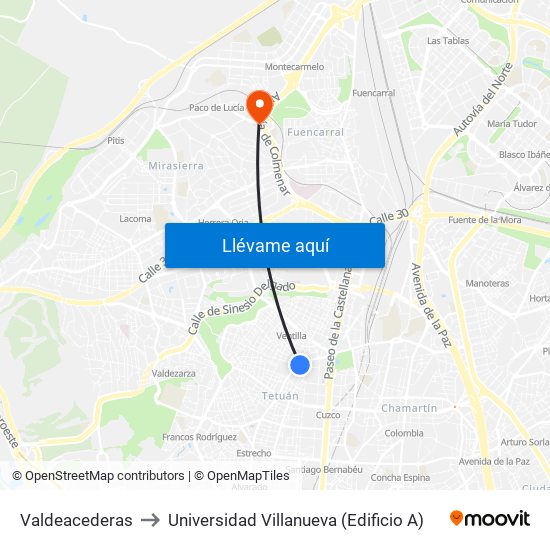 Valdeacederas to Universidad Villanueva (Edificio A) map