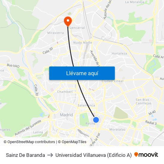 Sainz De Baranda to Universidad Villanueva (Edificio A) map