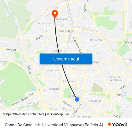 Conde De Casal to Universidad Villanueva (Edificio A) map