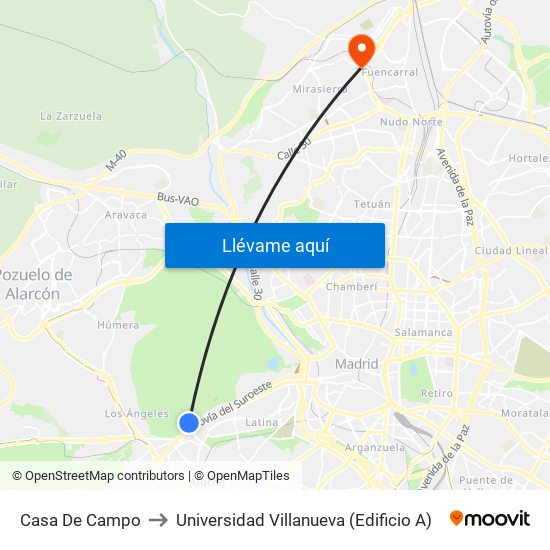Casa De Campo to Universidad Villanueva (Edificio A) map