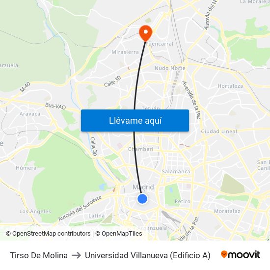 Tirso De Molina to Universidad Villanueva (Edificio A) map